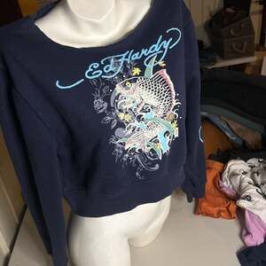 Ed Hardy Koi Fish Cropped Pullover Sweatshirt Fleece Navy Blue Women's